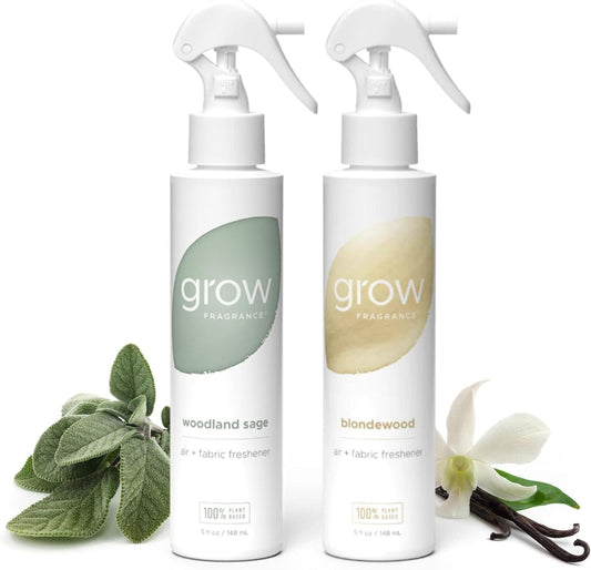 Grow Fragrance Scented Fabric and Room Air Freshener Spray - Certified Non-Toxic, 100% Plant-Based Essential Oils - 5 oz (Blondewood + Woodland Sage 2-Count)