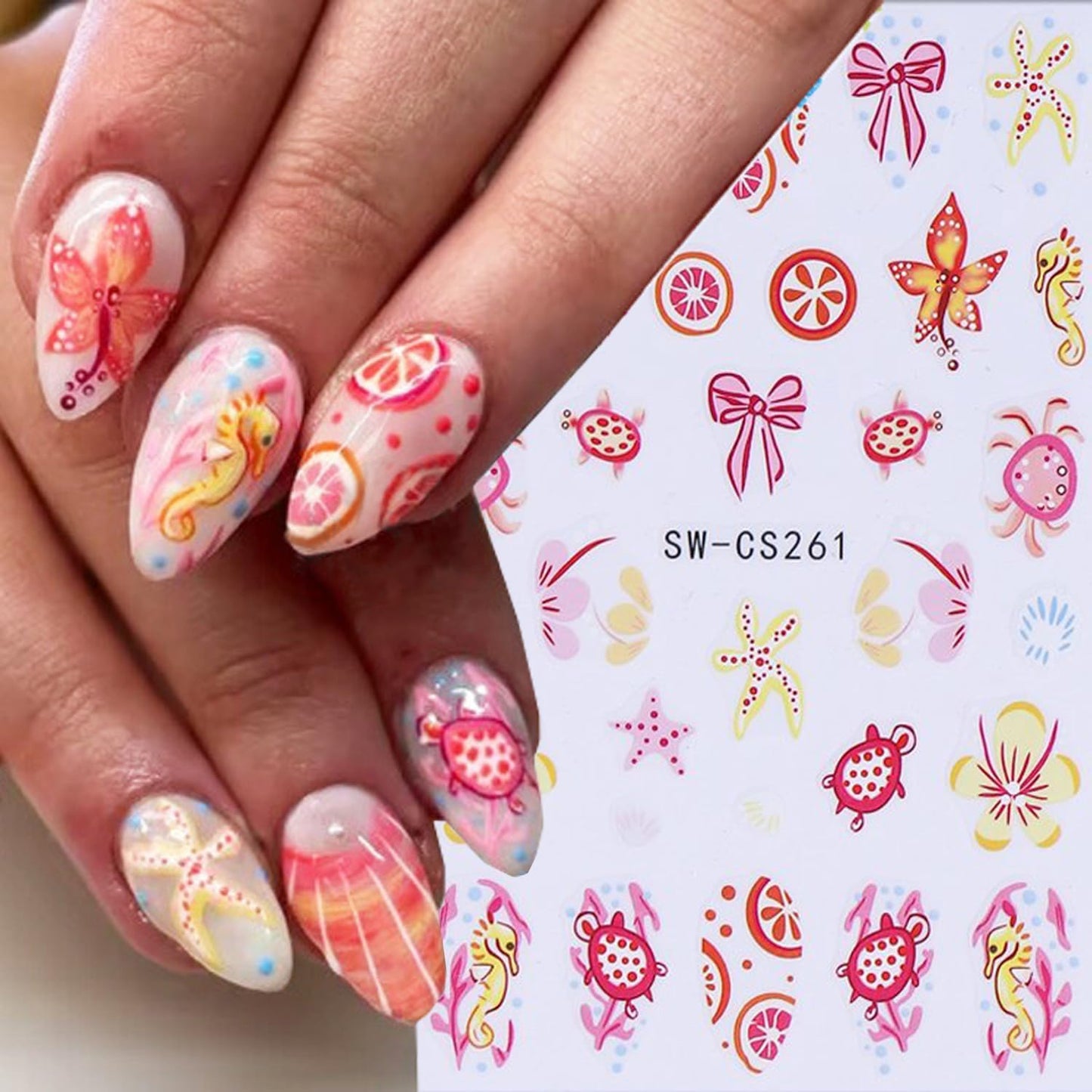 6 Sheets Ocean Style Nail Art Stickers 3D Self -Adhesive Starfish Sea Turtles Nail Decals Holographic Flower Bow Nail Stickers Summer Floral Seahorse Nail Decoration for Women Manicure Supplies