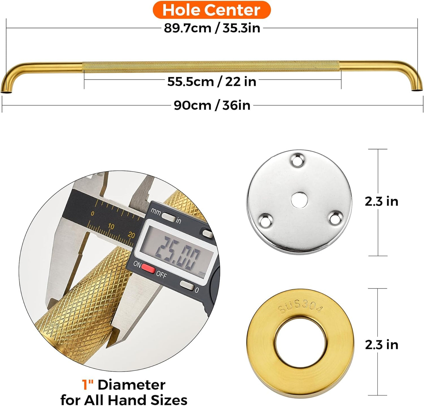 Grab Bars for Shower, 2 Pack 36-Inch Anti Slip Shower Handles for Elderly, Safety Shower Grab Bar, Stainless Steel Handicap Grab Bars for Bathroom,Toilet (Gold, 1" Diameter)