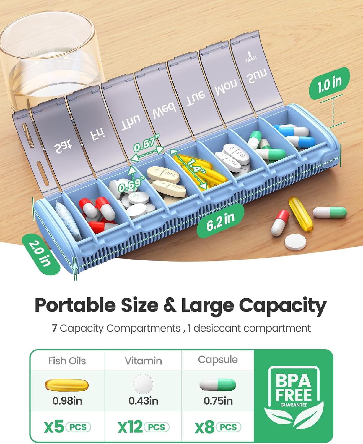 Weekly Travel Pill Organizer,Ideerfit Small Pill Box 7 Day,Portable Pill case,Daily Medicine Box,Drawer Design Pill Container for Medication, Vitamins, Fish Oils, Supplements,White