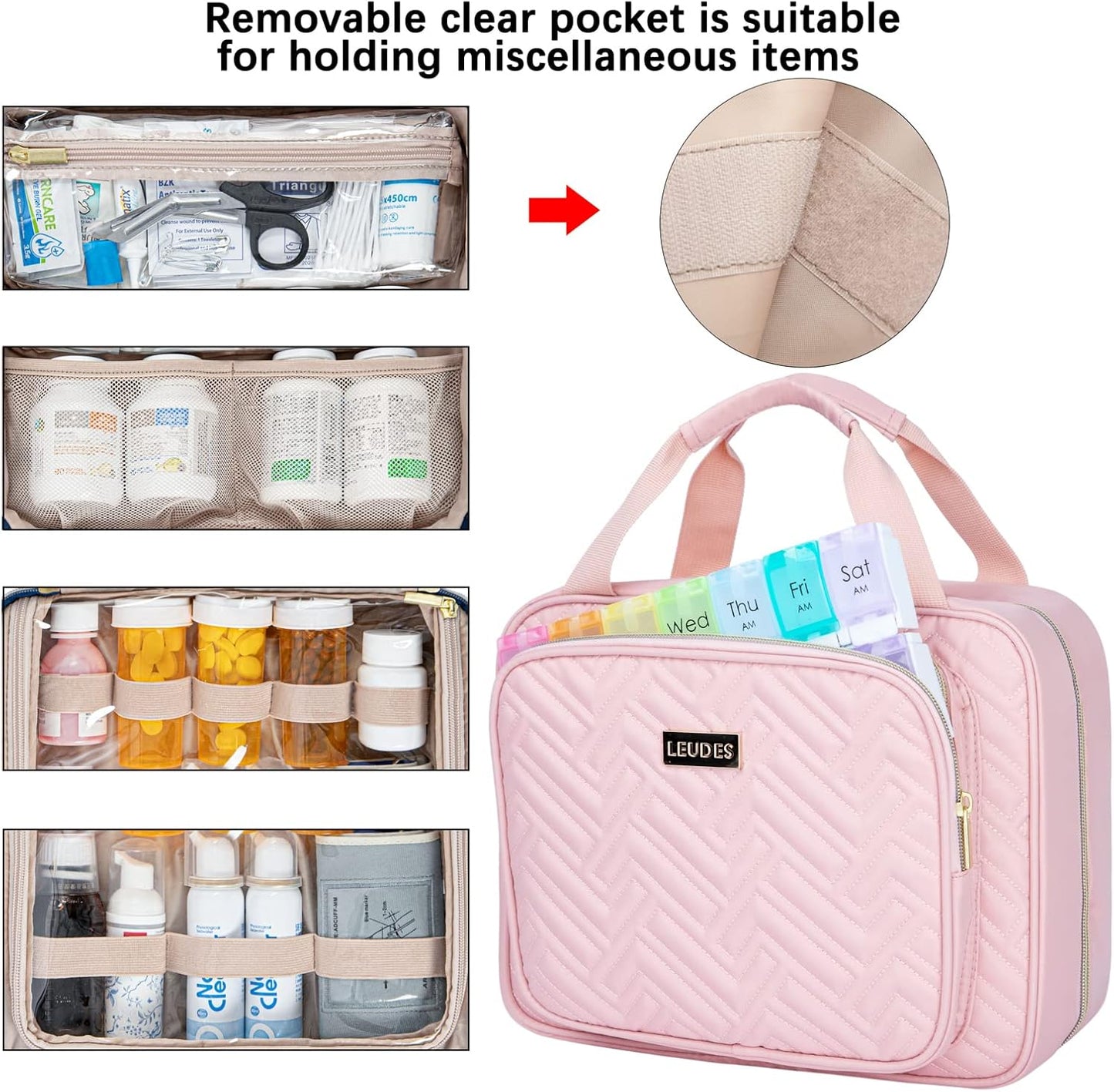 Leudes Travel Pill Bottle Organizer,Medicine Organizer and Storage,Home Medication Bag, Cases,Carrier for Pills,Vitamin,Fish Oil,Supplements for Women and Men (Large, Pink)