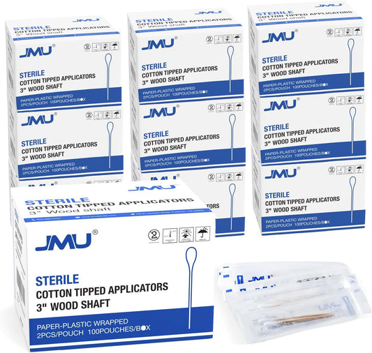 JMU Sterile Cotton Tipped Applicators, 2000 Sterile Cotton Swabs Wood Shaft Medical (10 Box, 3 Inch)
