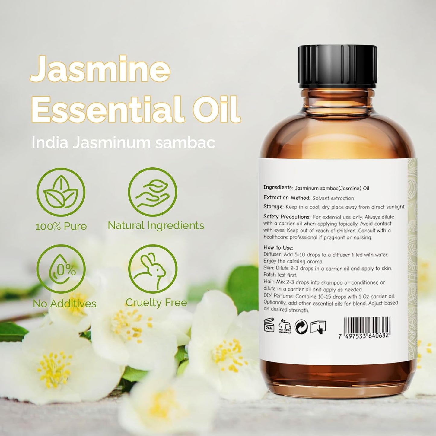 Jasmine Essential Oil 4 Oz, 100% Pure Jasmine Oil for Diffuser, Skin, Hair, Body & Face, Perfume, Floral Scent for Relaxation, Aromatherapy & Massage