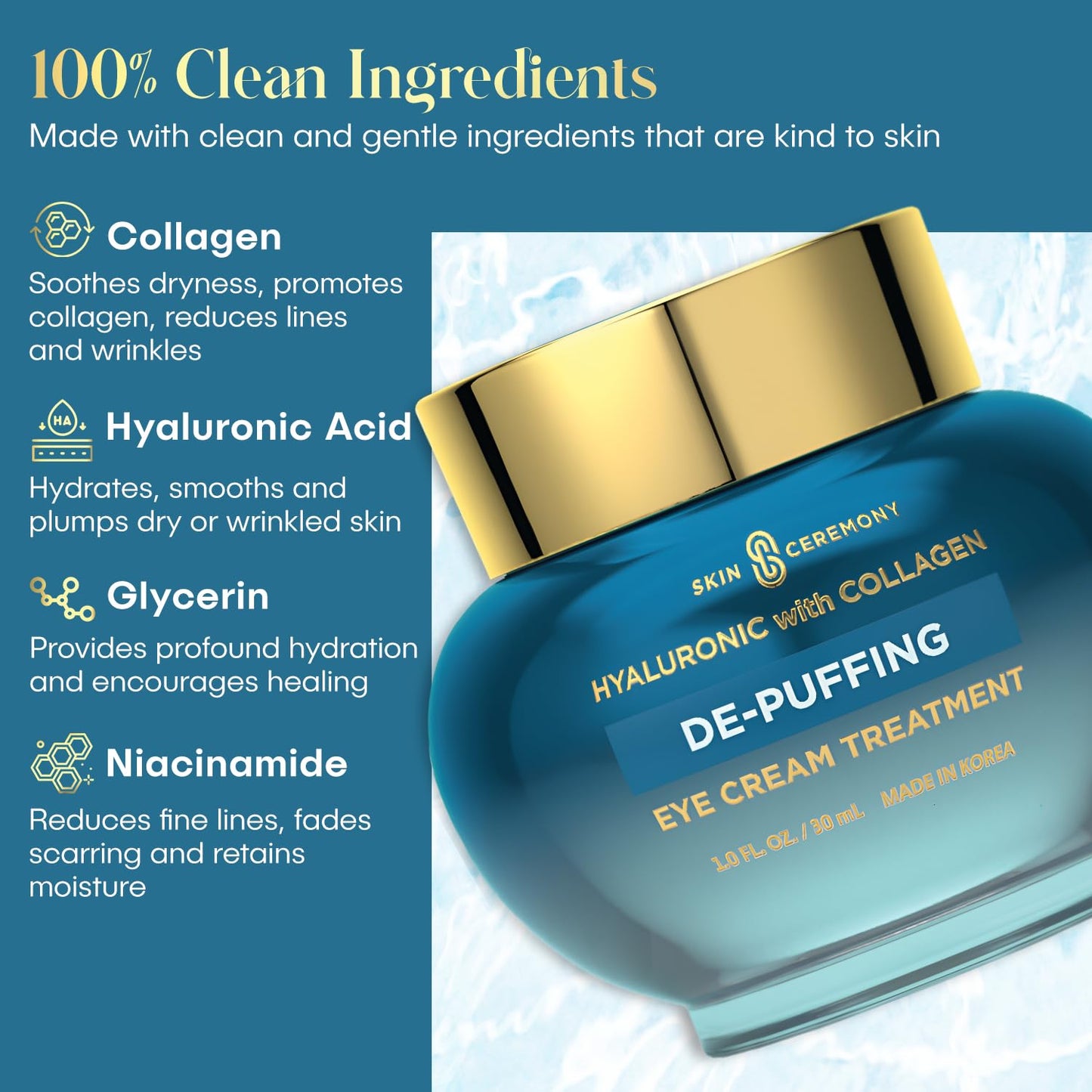 Hyaluronic Acid & Collagen De-Puffing Eye Cream - Hydrates and Promotes Moisture Retention - Helps reduce Under Eye Bags & Dark Circles - Skin Care Made in Korea - 1.0 FL.OZ.