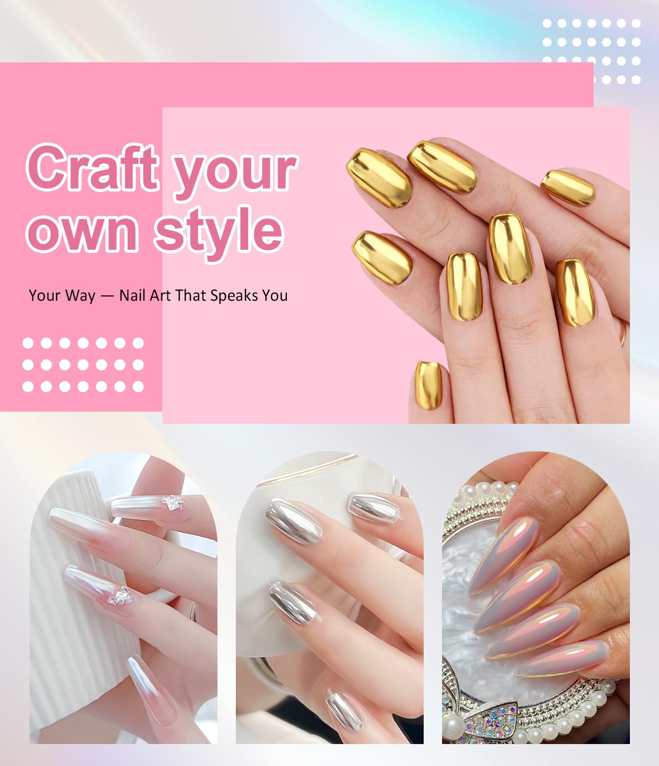 Gold Chrome Nail Powder 24K Mirror Effect BISHENGYF - Pink Gold Nail Chrome Powder Aurora Mermaid Mirror Effect Powder, White Pearl Iridescent Holographic Metallic Pigment Dust for Nail Art Decoration