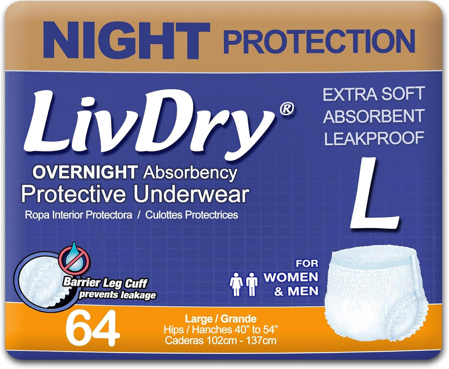 LivDry Overnight Protective Underwear Large size Count: 64