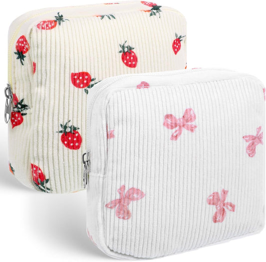 2 Pack Period Bag, Corduroy Cute Sanitary Napkin Storage Bag for Girls Women, Menstrual Pad Pouch Tampon Holder for Purse, Small Make Up Bags
