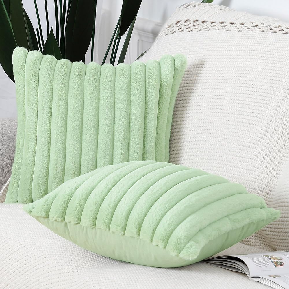 MADIZZ Set of 2 Faux Wool Plush Decorative Throw Pillow Covers 20x20 Inch Light Green Fluffy Striped Soft Decorative Cushion Cover for Sofa Bedroom Pillow Shell