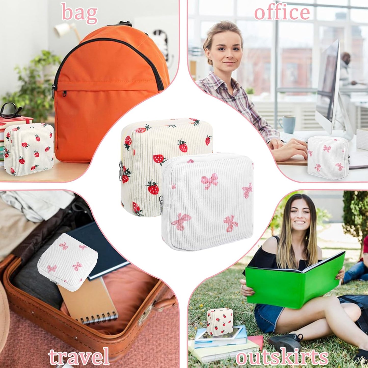 2 Pack Period Bag, Corduroy Cute Sanitary Napkin Storage Bag for Girls Women, Menstrual Pad Pouch Tampon Holder for Purse, Small Make Up Bags