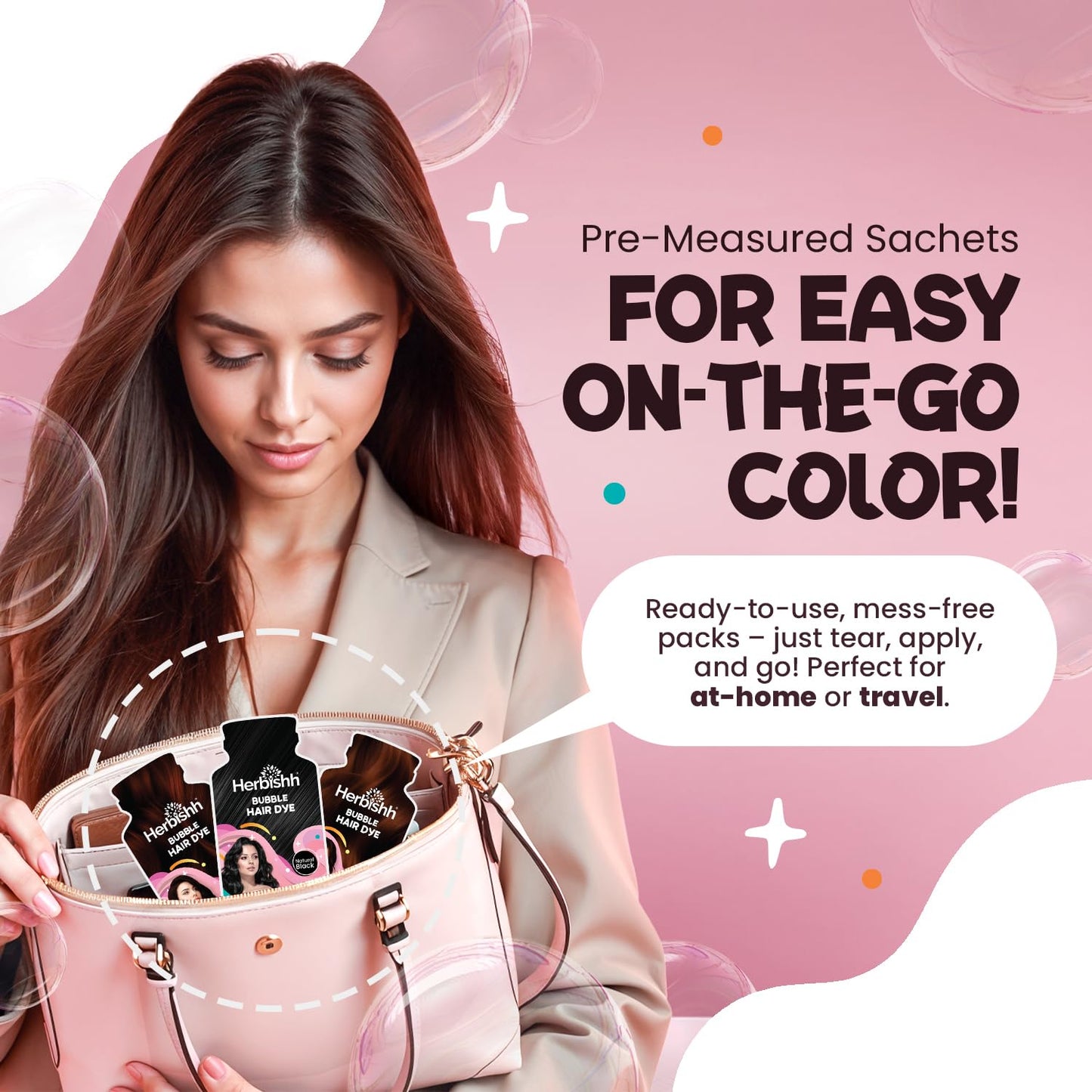 Herbishh Bubble Foam Hair Dye Shampoo, 3 in 1 Dye for 100% Grey Coverage, Permanent Hair Coloring for Men & Women, Long-lasting & Travel-friendly, Ammonia-free, 10 Sachet x 24 ml (Dark Brown)