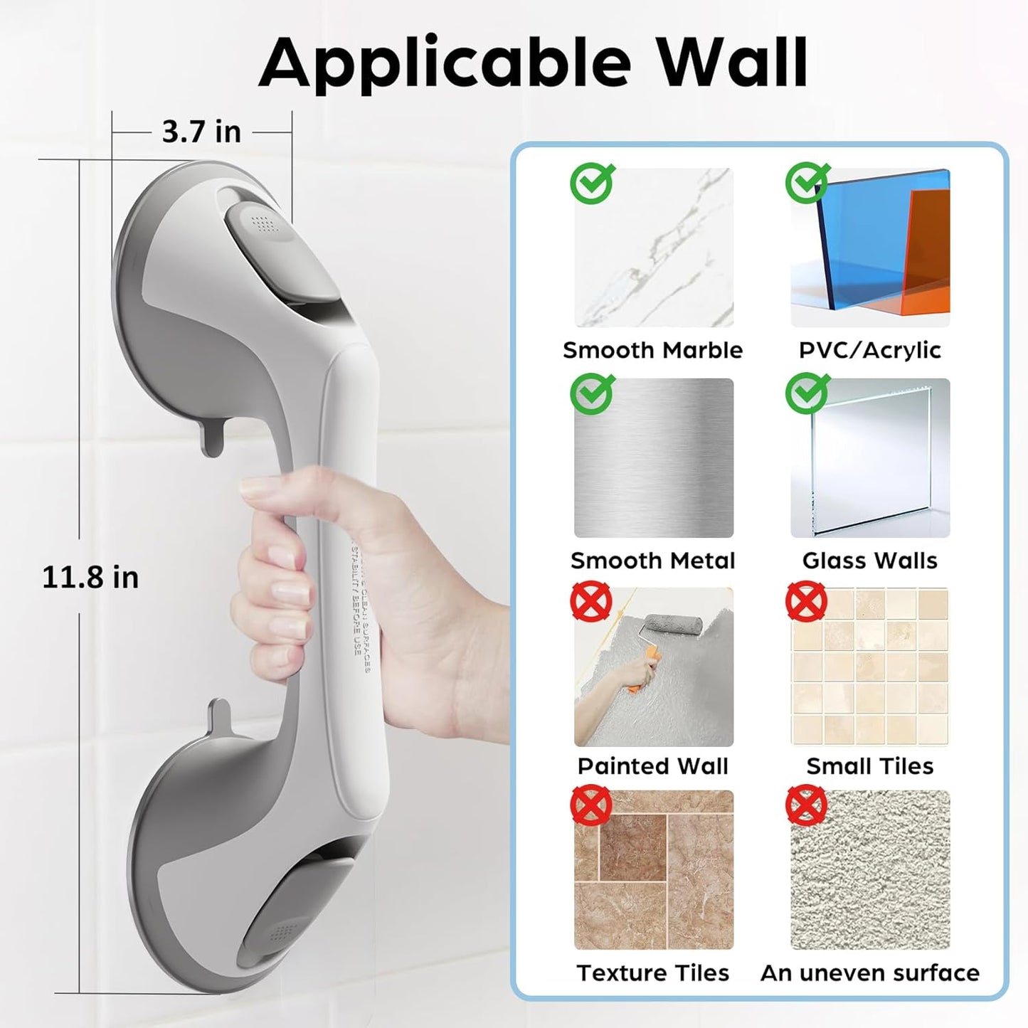 2 Pack 12 Inch Grab Bars for Bathtubs and Showers for Seniors, Heavy Duty Shower Handle for Elderly, Suction Cup Removable Handrails Handicap Bath Grip Bathroom Safety Grips (Gray