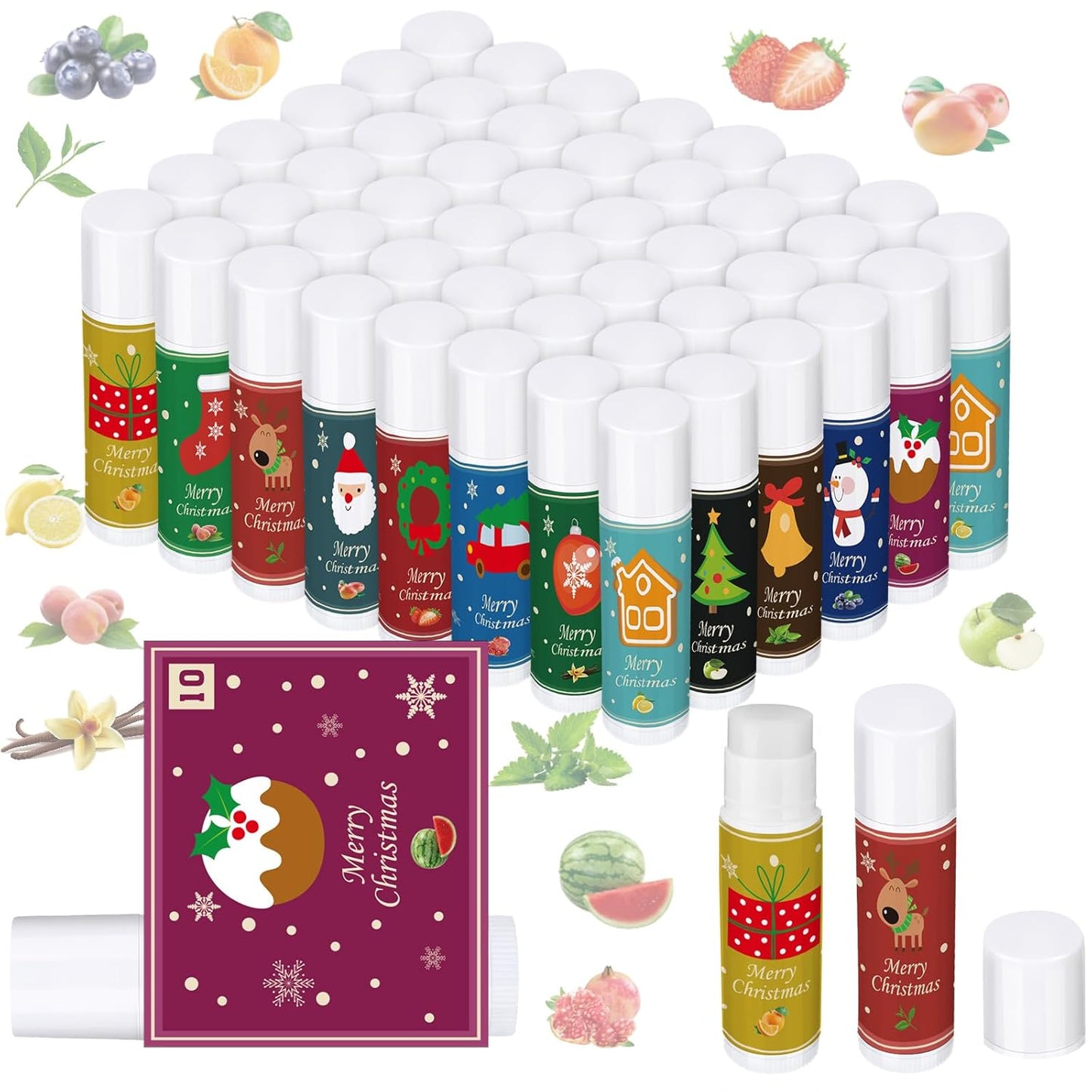 48 Pcs Christmas 12 Days Holiday Lip Balm Gift Set Lip Care Assorted Flavors Ingredients Lip Balm for Dry Chapped Lip Women Men Children Coworker 12 Assorted Flavors Christmas Party