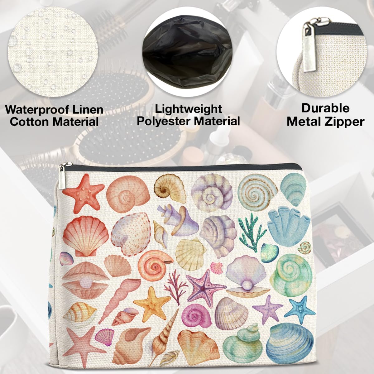 Colorful Ocean Seashell Starfish Makeup Bag Gifts for Women Beach Themed Seashell Cosmetic Bag Zipper Pouch