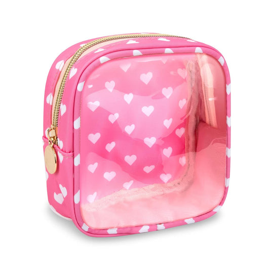 Clear Mini Makeup Bag for Purse, Small Nylon&PVC Cosmetic Travel Bag TSA Approved Toiletry Bag with Zipper, Preppy Transparent Makeup Travel Bag Coin Purse for Women Men Girls(Mini-Pink Heart)