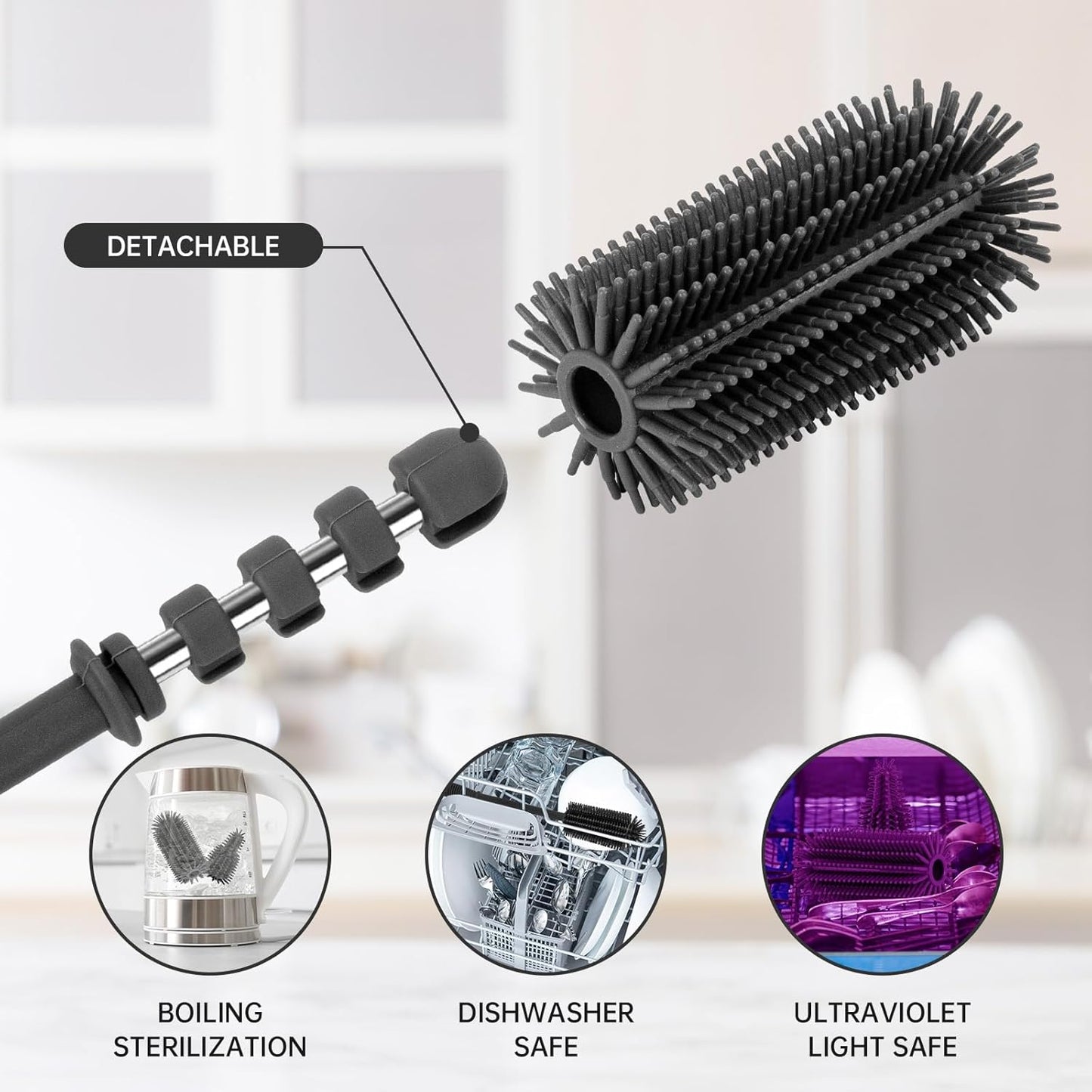 Baby Bottle Brush and Straw Cleaner Brush Set, Extra Long Double-Ended Soft Silicone Brush Cleaner for Baby Bottles, Water Bottles, Cups, Breast Pumps, Detachable & Hangable