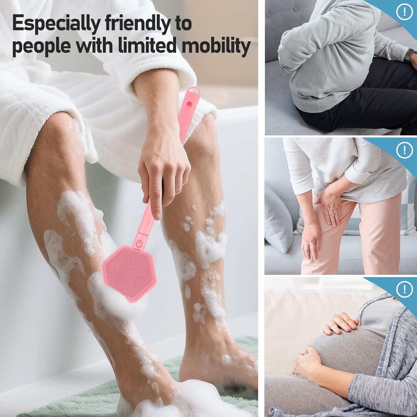 21 Inches Silicone Back Scrubber for Shower - Extendable Shower Brush Long Handle with Stiff and Soft Bristles -Loofah Alternative- Body Exfoliator for Bath or Dry Brush,Men & Woman (Pink)