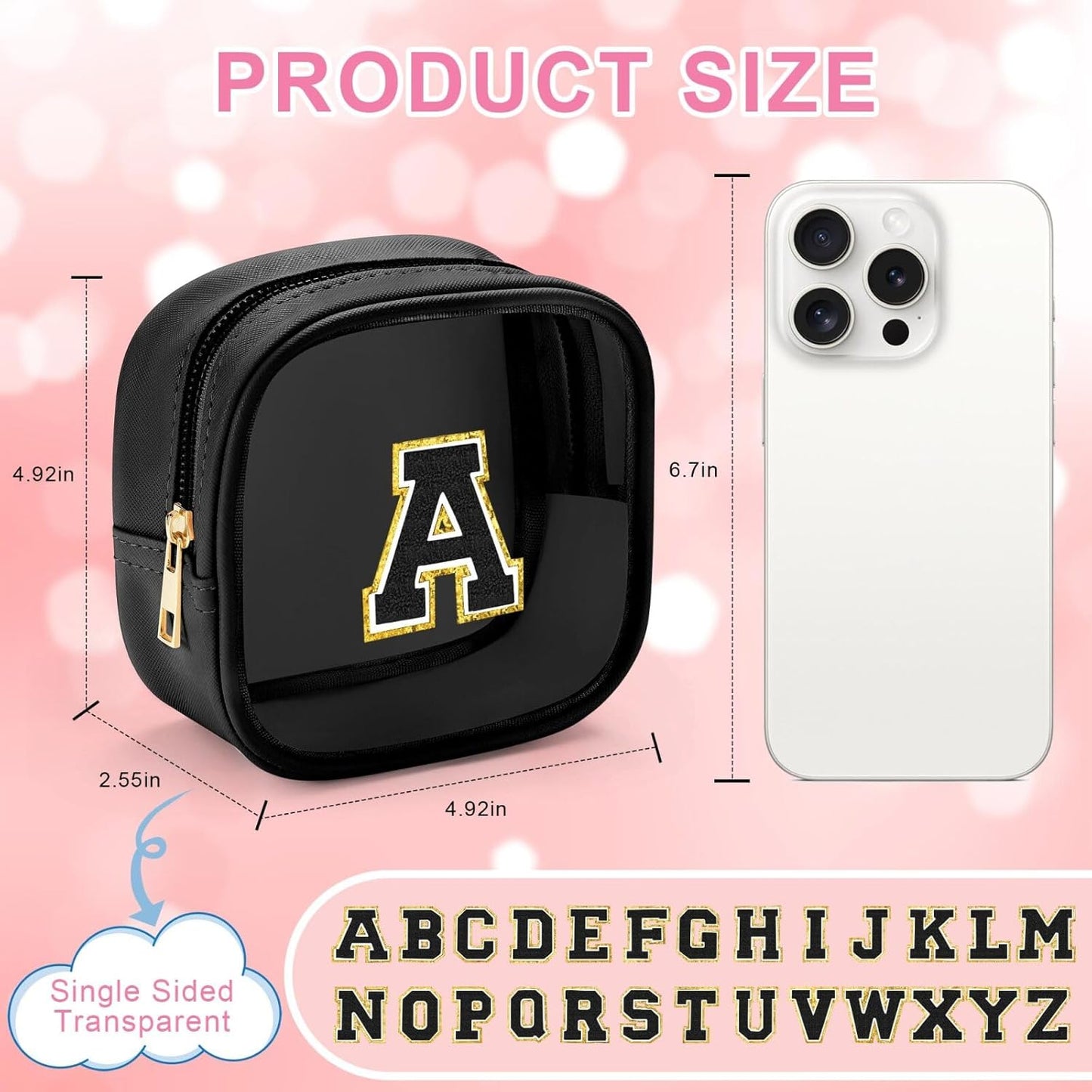 YOOLIFE Initial Makeup Bag Travel Toiletry Bag, Clear Makeup Bag Car Accessories For Women Clear Makeup Bags With Zipper Girlfriend Teacher 13 Year Old Girl Gifts Daughter Girl Gifts Mini Black I