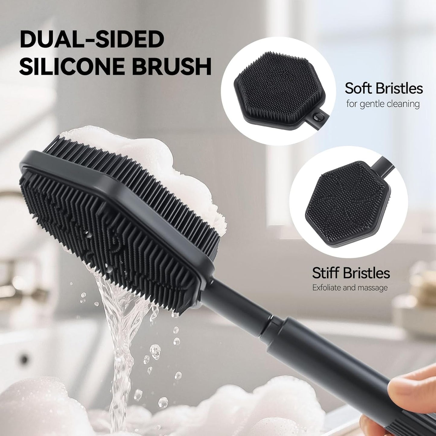 21 Inches Silicone Back Scrubber for Shower - Extendable Shower Brush Long Handle with Stiff and Soft Bristles -Loofah Alternative- Body Exfoliator for Bath or Dry Brush,Men & Woman (Black)