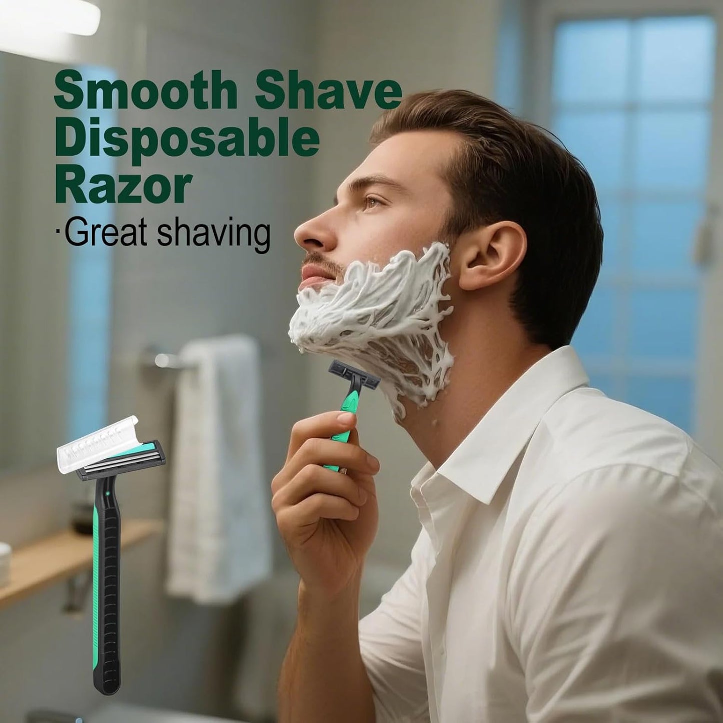 Disposable Twin Blade Razors in Bulk, Individually Wrapped - Clear Safety Cap, For Homeless, Hotel, Airbnb, Travel (pack of 400,green)