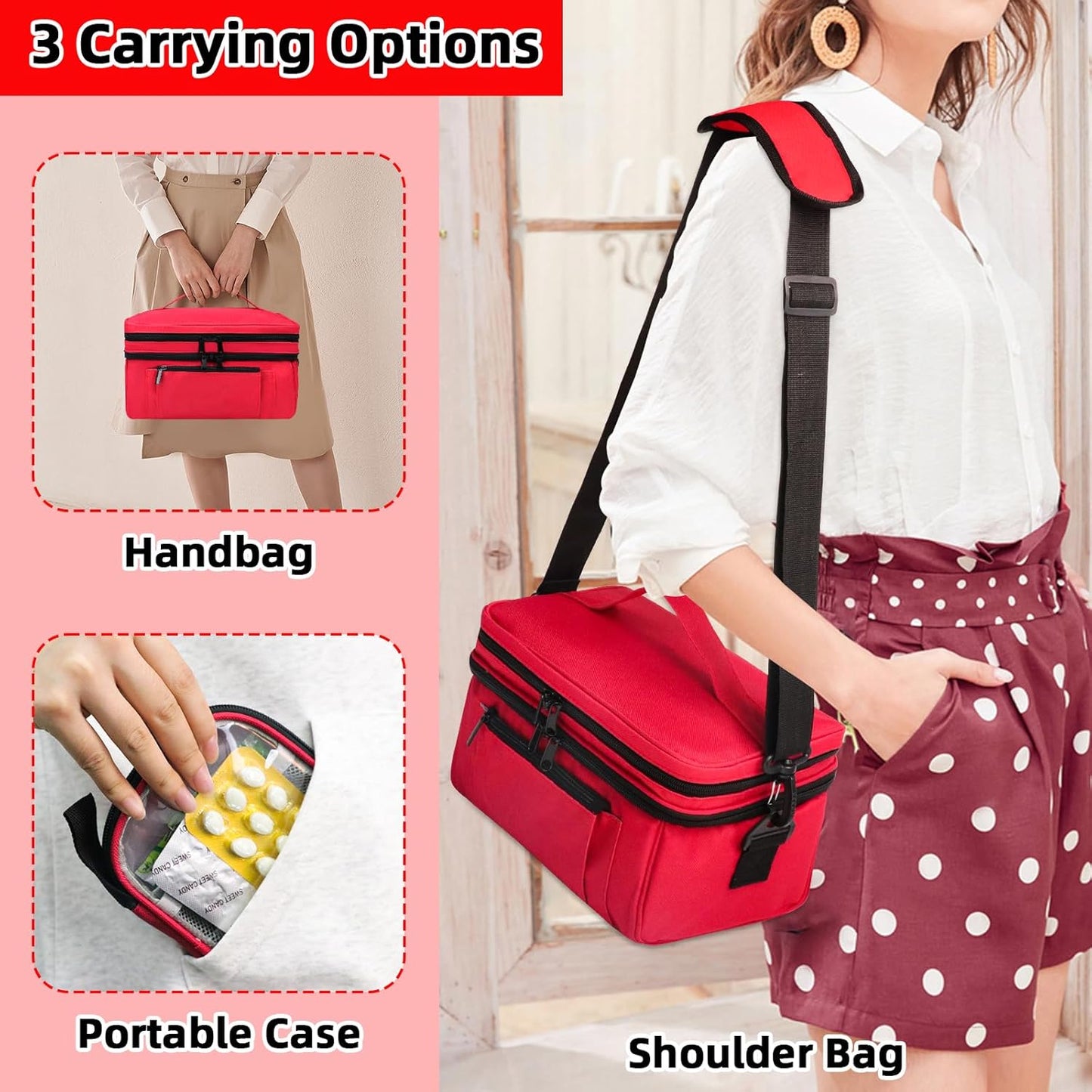 Medicine Bag for Traveling with Portable Small Pouch, Double Layer Pill Bottle Organizer Storage Case with Lockable Zippers, Carrying Medication Travel Case with Shoulder Strap (Bag ONLY), Red