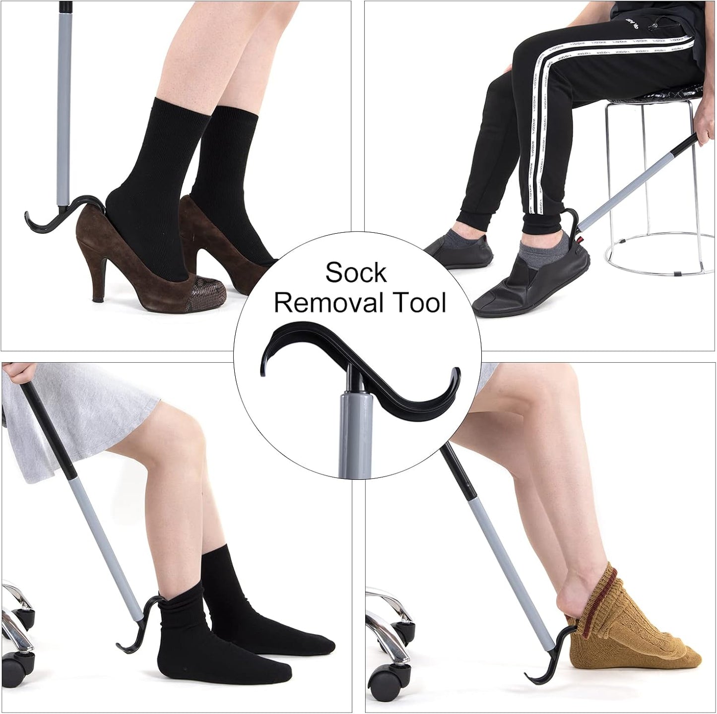 35" Long Dressing Stick with Shoe Horn with Sock Removal Tool, Adjustable Extended Dressing Aids for Shoes, Socks, Shirts and Pants Grey and Black