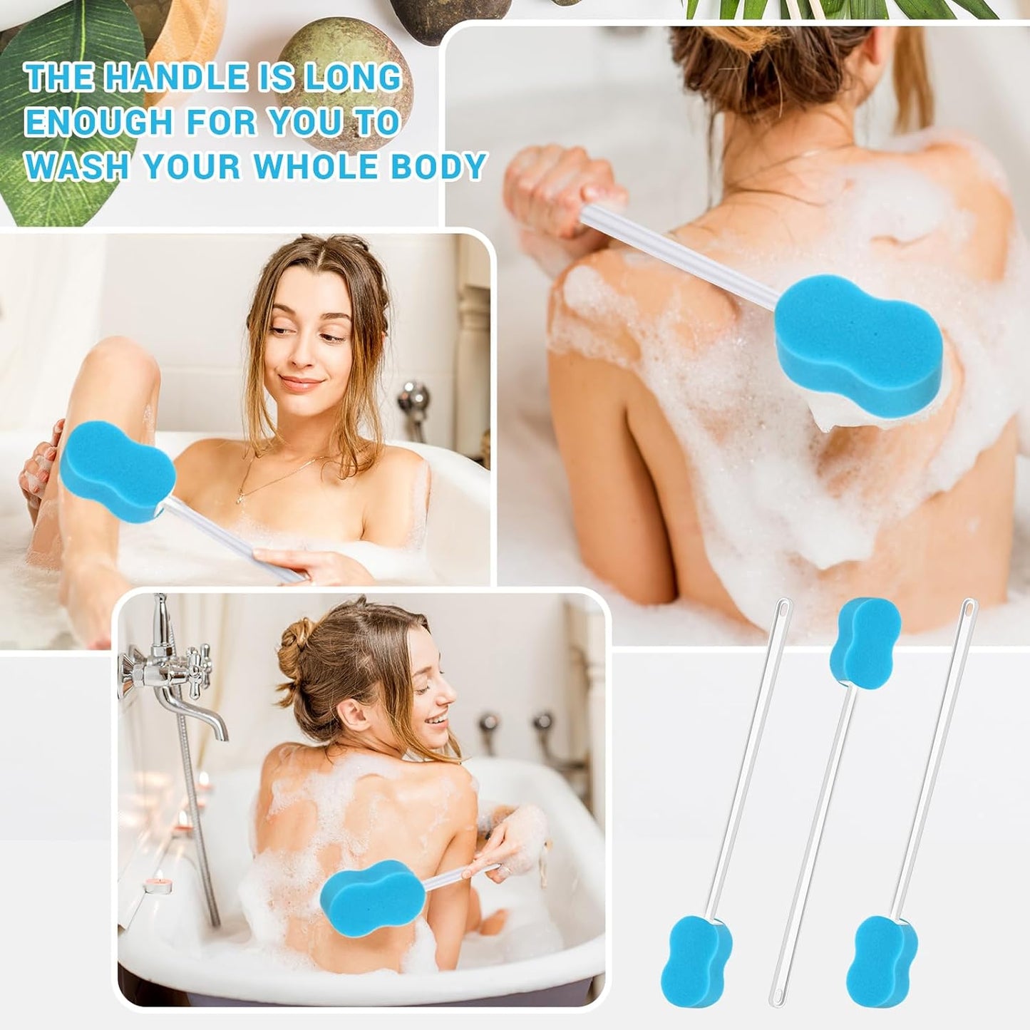3 Pcs Long Handle Bath Sponge 22.4'' Back Sponge on a Stick Lightweight Back Washer Handled Butt Scrubber Shower Brush for Foot Body Cleaning Bathing Limited Motion (Blue)