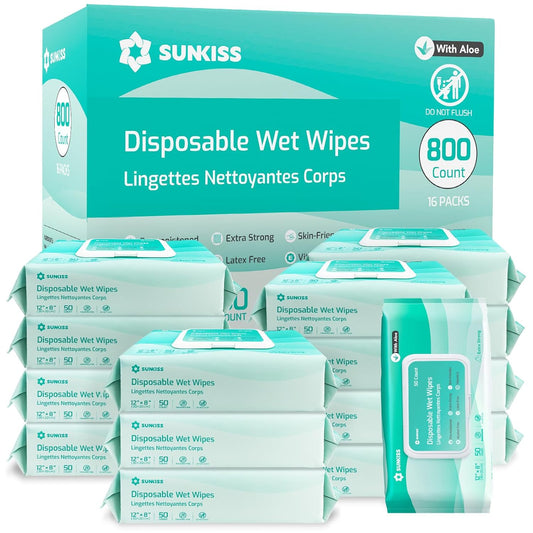 SUNKISS Trustplus Wet Wipes for Adult No Rinse, Extra Large 8”x12” Body Cleaning Washcloths for Elderly Incontinence & Cleansing, Unscented, 800 Count (16 Packs of 50)