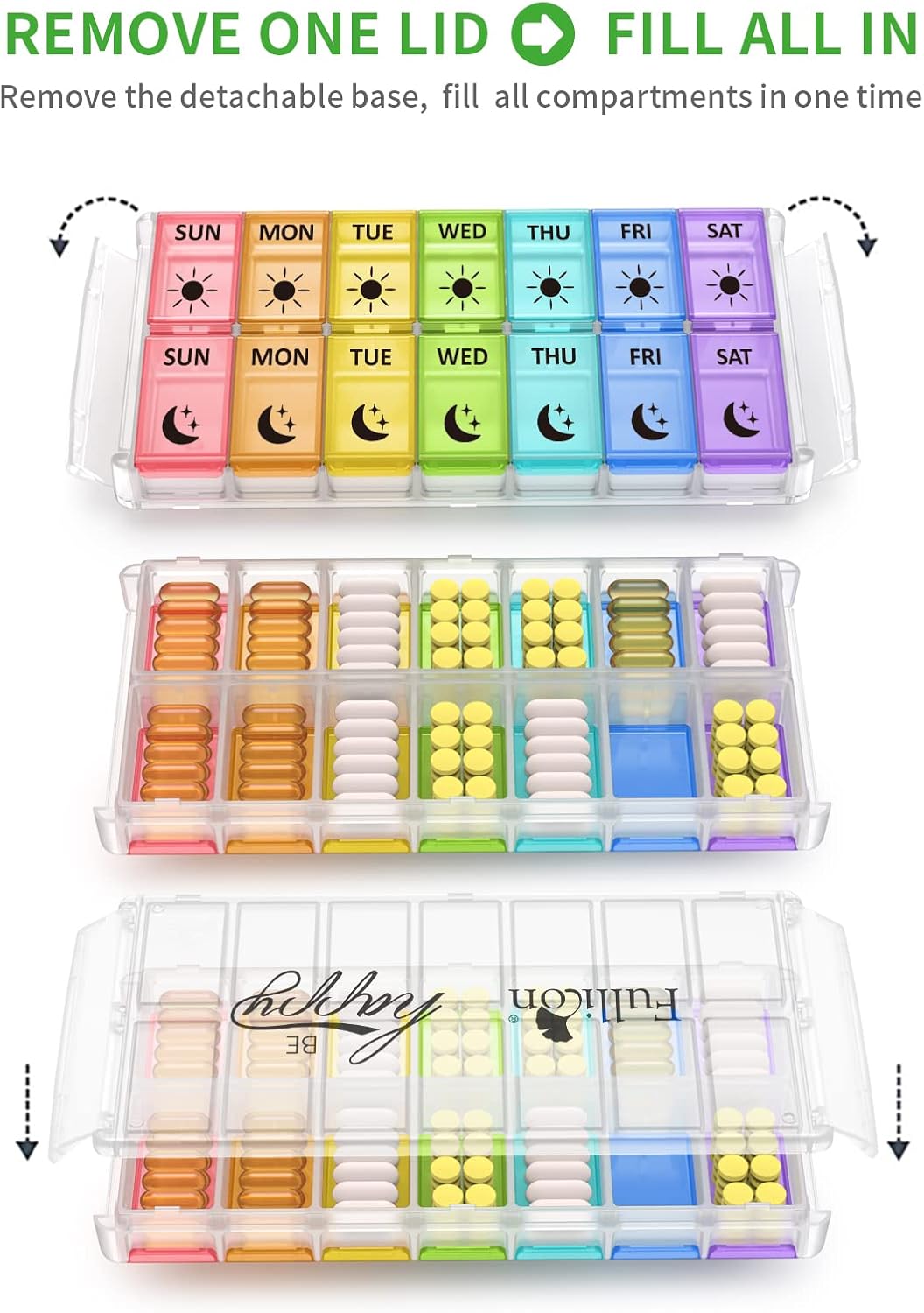 Weekly Pill Organizer 2 Times a Day Extra Large 7 Day Easy Fill Quick Fill Portable Fullicon AM PM Pill Box for Supplement, vitamine, and Medicine - (Patent Registered)