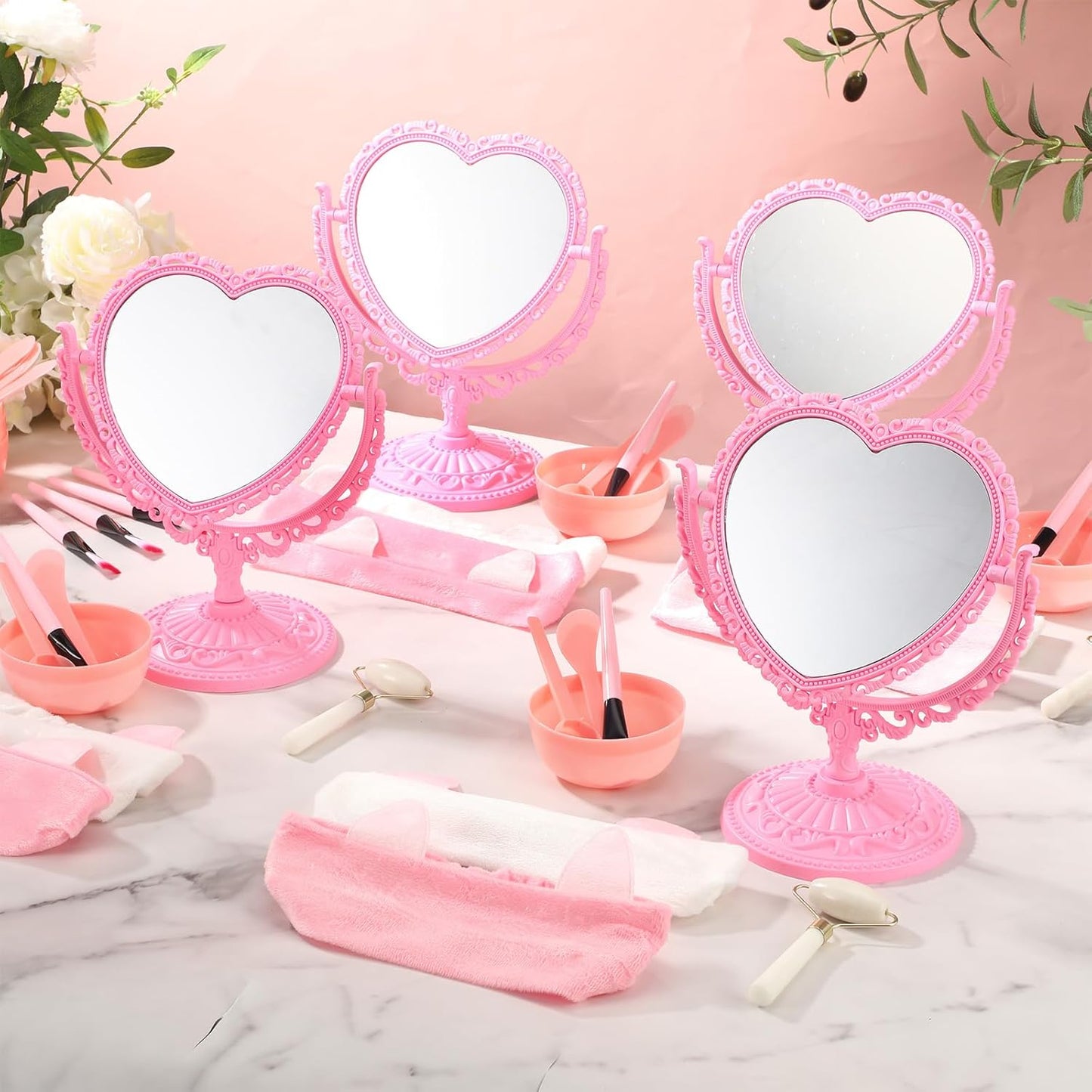 8 Set Spa Party Supplies for Girls Including 8 Heart Shaped Stand Mirrors 8 Jade Roller for Face 8 Face Brushes Kit 8 Face Mask Mixing Bowl 8 Headband for Sleepover Birthday Party Favors