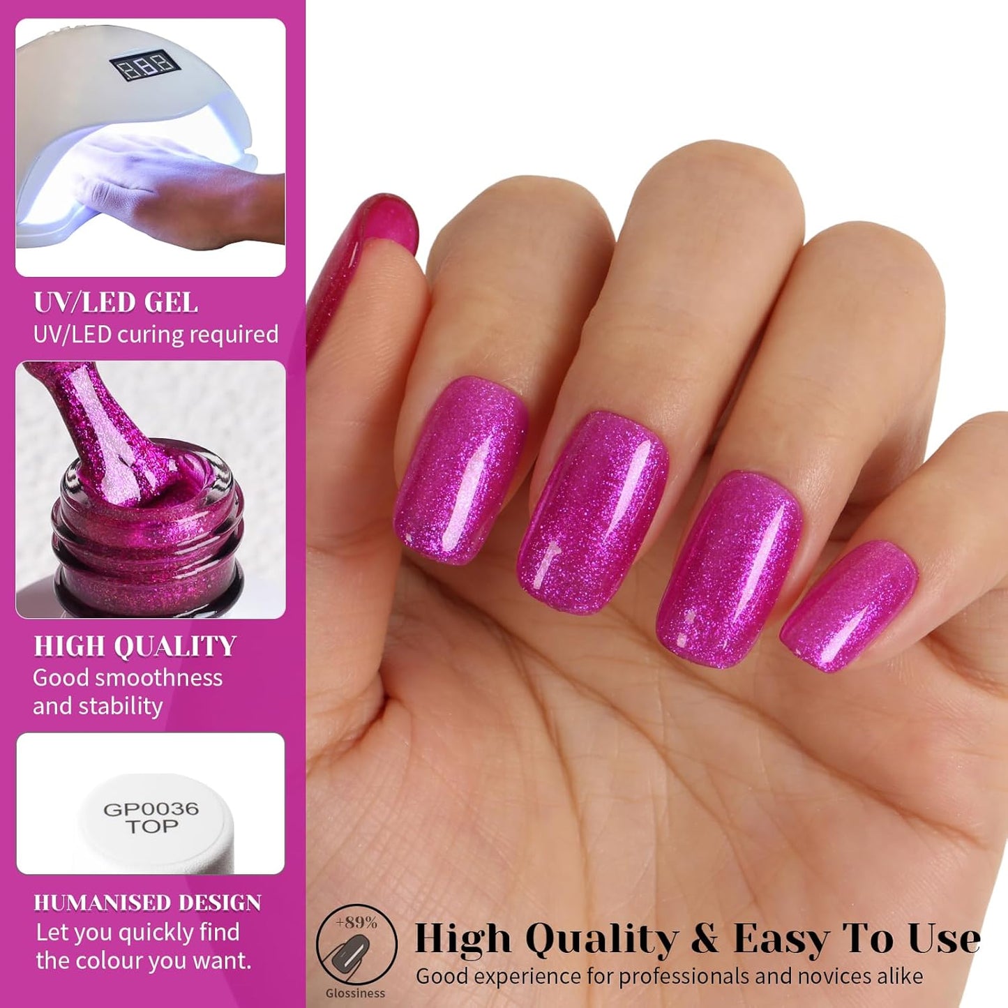 Glitter Gel Nail Polish,Sparkly Shimmer Fuchsia Gel Polish, 15ml UV/LED Soak Off Purple Gel Polish for Manicure Salon or DIY Nail Art at Home,Women Girls Gift - GP0092