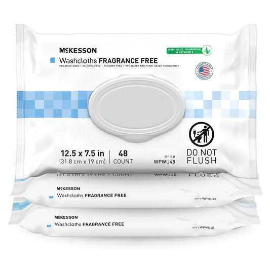 McKesson Washcloth Wipes for Adults, Unscented (3 Pack, 144 Washcloths) Disposable Wash Cloths for Body - Fragrance-Free No-Rinse Formula - Good for Incontinence and Elderly - 48 Wipes Per Pack