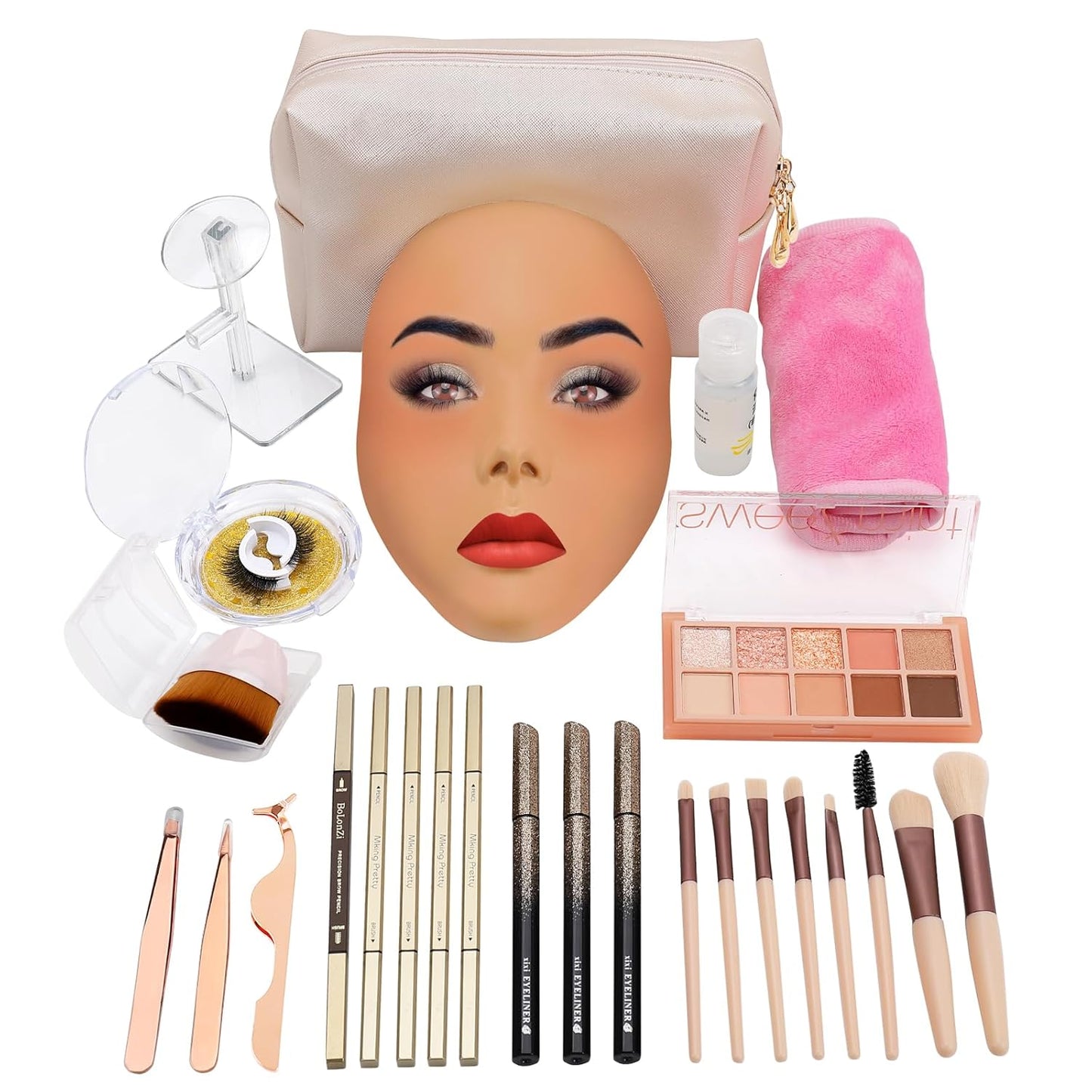 3D Makeup Practice Face Board,Reusable Silicone Makeup Practice Face/Makeup Mannequin Face,with Makeup Brushes Set&Dual head Eyebrow Pencils&a Pair of Eyelashes&a Makeup Bag&makeup remover towel
