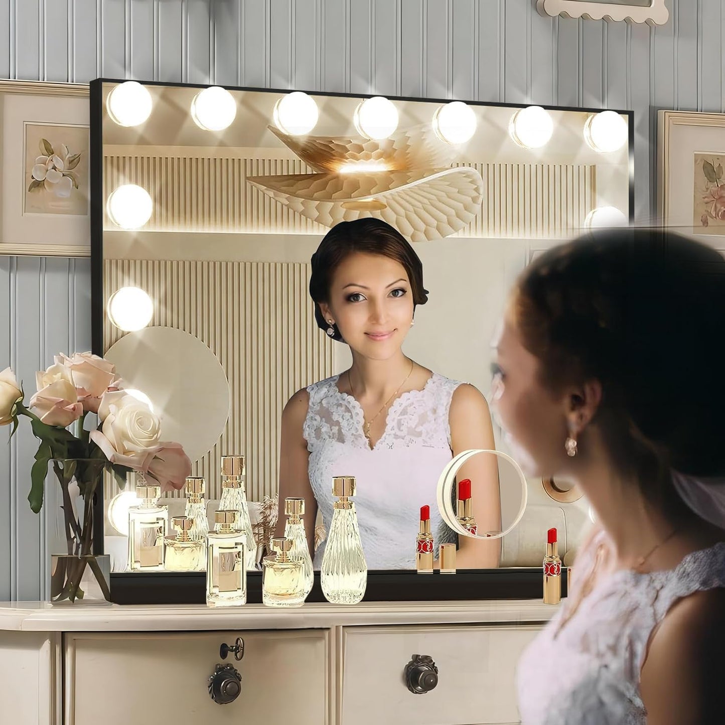 Black Hollywood Vanity Mirror with Lights, 15 Dimmable Bulbs, 3 Color Lights,Make Up Lighted Mirror, Aluminum Metal Frame, USB Charging Port（23" x 18"）