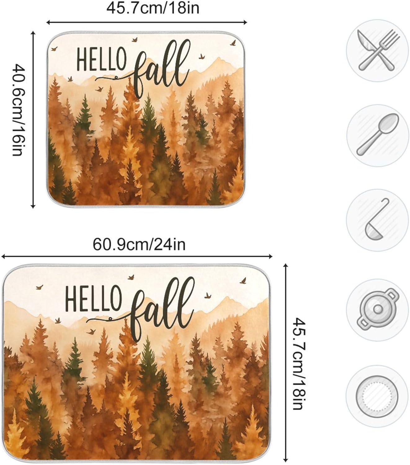 Hello Fall Forest Dish Drying Mat for Kitchen Countertop 18x24 Autumn Pine Tree Large Drying Mat Reusable Quick Dry Dish Sink Mats Easy Clean Decorative Essentials
