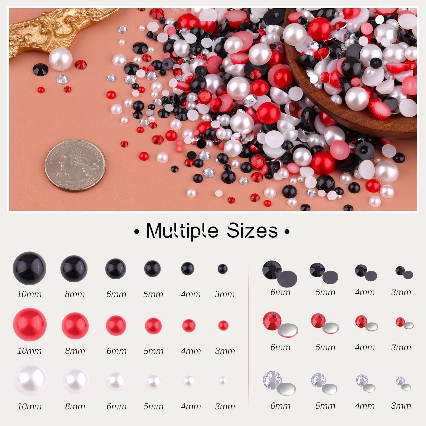 80g Flatback Pearls and Rhinestones for Crafting, Red White Black 3-10mm Resin Rhinestones and Half Pearls for Bedazzling, Nail Art and Dec with 3pcs 10ml B7000 Jewelry Glue, Tweezer and Pickup Pencil