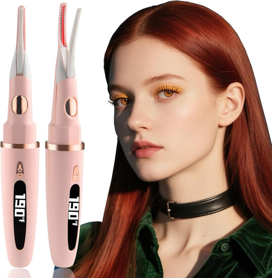 Heated Eyelash Curler - 2 in 1 Clip-Type Electric Lash Curler - 5S Heating - LED Display - 3 Temp Settings - USB Rechargeable - Pink
