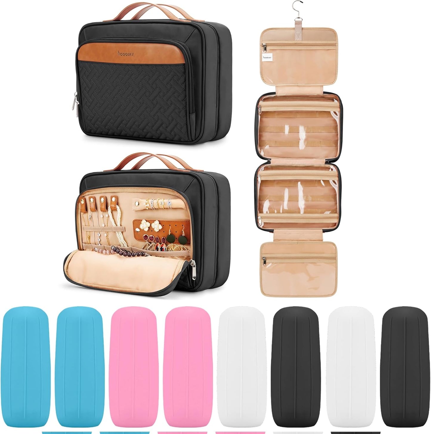 Travel Hanging Toiletry Bag for Women, Large Makeup Bag 8 Leak Proofing Silicone Bottle Covers, Waterproof Cosmetic Bag with Jewelry Organizer Compartment, Toiletries Kit Set, Black