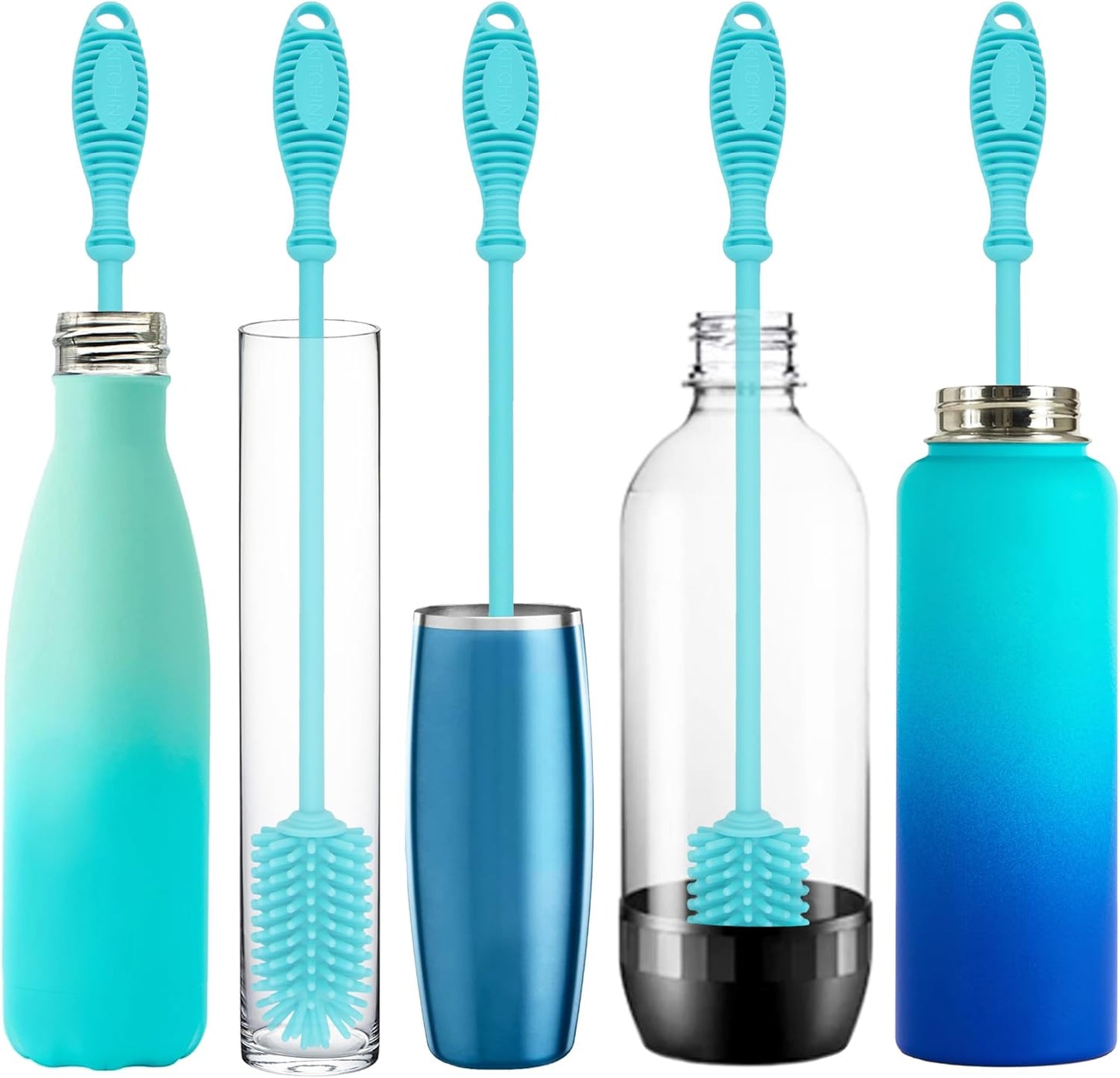 12.5” Silicone Bottle Brush & Straw Cleaner Brush Set | Water Bottle Cleaner for Hydro Flasks, Tumblers, Glassware, Vases and Narrow Neck Containers