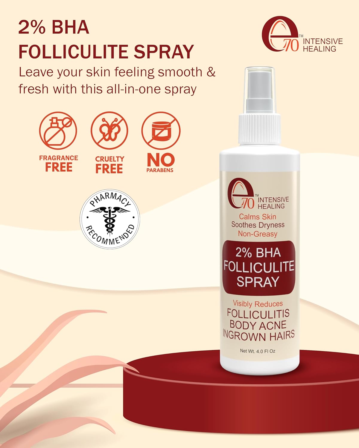 Folliculitis Treatment 2% BHA Body Spray - Salicylic Acid with Tea Tree Oil & Aloe Vera - Spray Moisturizer for Dry Skin, Clogged Pores & Irritation by Made in USA e70, 4 fl. oz