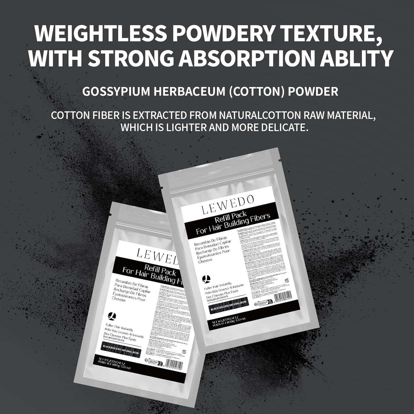 Hair Building Fibers Refill Pack - 100g Instant Thickening Fibers for Men & Women, Natural Cotton Powder, Wind/Rain Resistant, For All Hair Fiber Applicator Bottles (Dark brown)