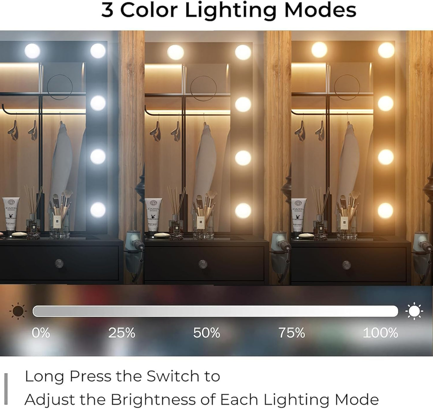 Vanity Desk & Power Outl, Makeup Table with Mirror and 12 LED Lights, Makeup Table with 11 Drawers, 3 Lighting Modes Brightness Adjustable(Black)