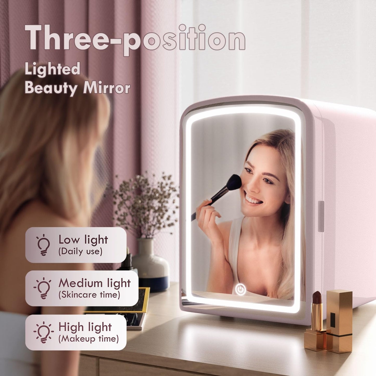Mini Fridge for Skin Care, 4 Liter Portable Small Fridge with Dimmable LED Mirror, Hot or Cold Personal Beauty Refrigerator for Bedroom, Office, Car, Makeup(Pink)