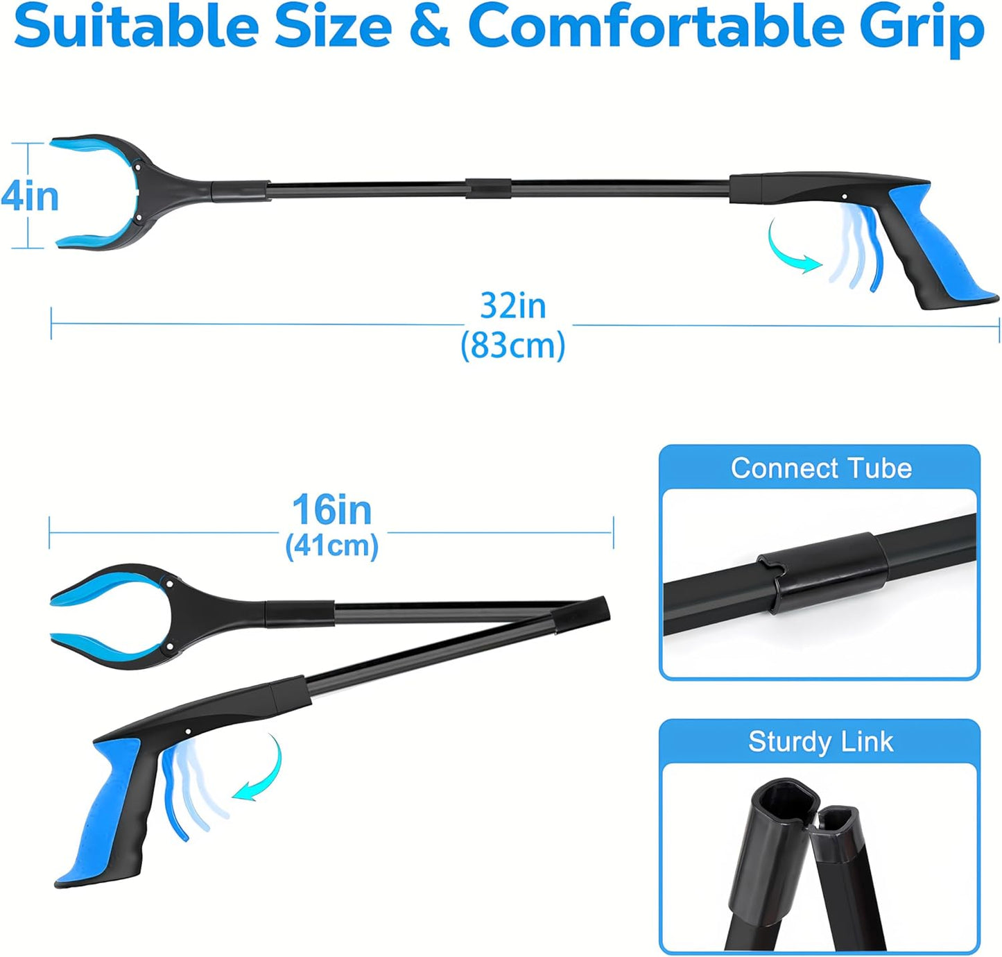 Grabber Reacher Tool - 32” Extra Long Foldable Gripper and Reaching Tool - Heavy Duty Pick Up Stick Grabbers for Seniors, Trash, Surgery Recovery Must Haves Gifts (Black Blue)