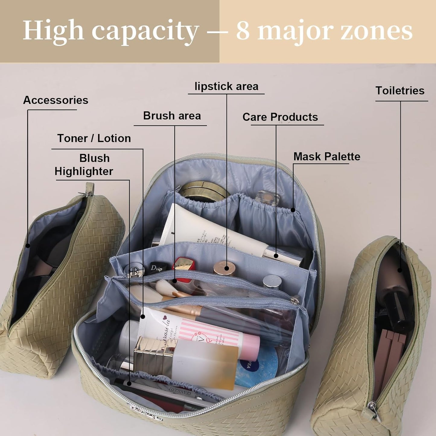 BOYATU Travel Makeup Bags for Women: Large Cosmetic Bag with Compartments - Vegan Leather Make up Bag Set of 3 - Protable Toiletry Organizer (L07 Apricot)