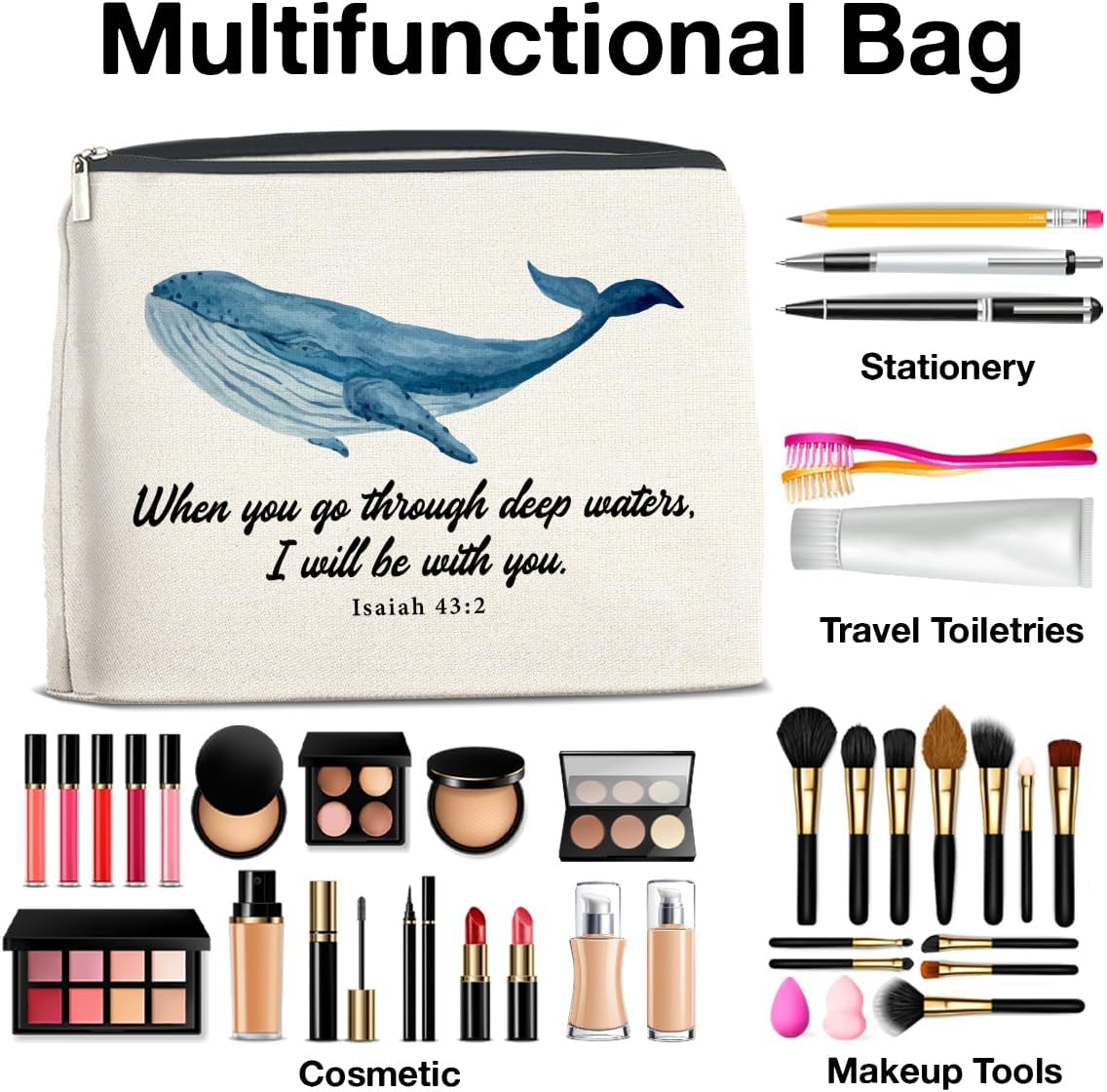 Christian Whale Shark Makeup Bag Gifts for Women Bible Verse Isaiah 43:2 When You Go Through Deep Waters I Will Be With You Cosmetic Bag Zipper Pouch
