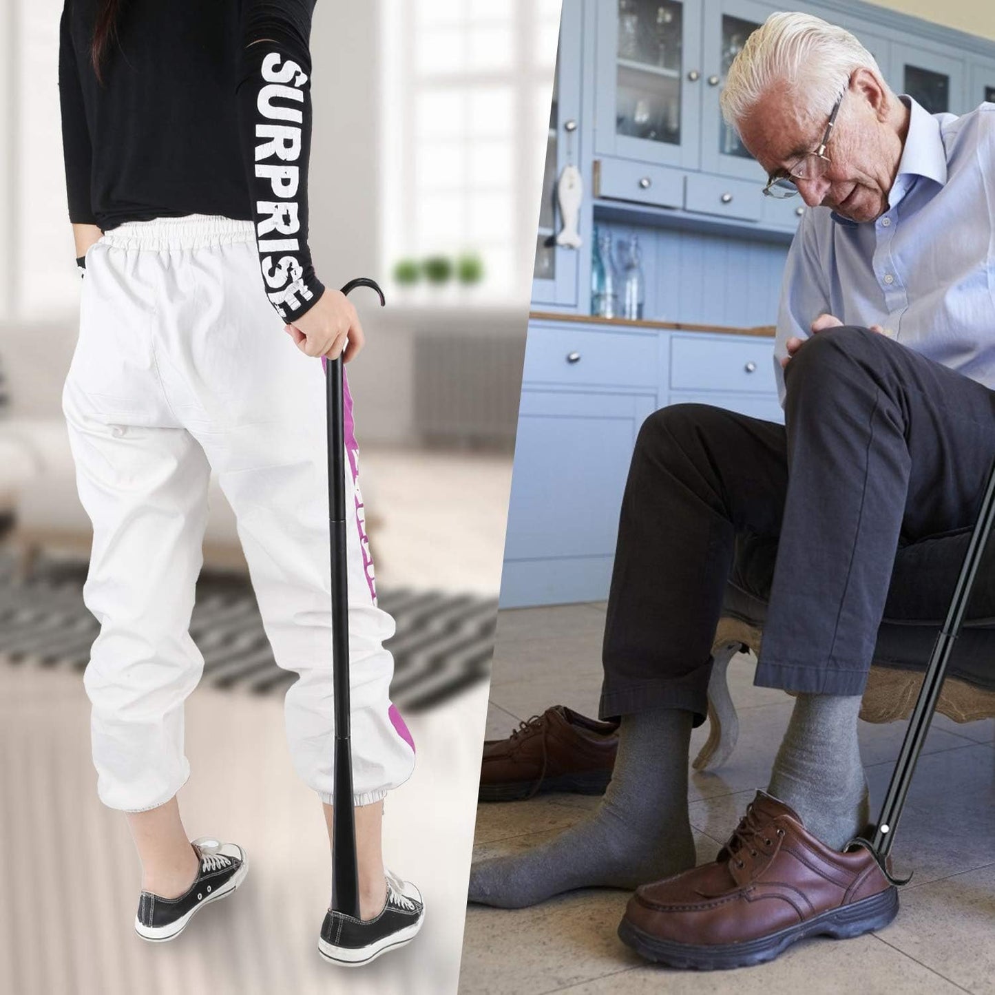 35" Long Dressing Stick with Shoe Horn with Sock Removal Tool, Adjustable Extended Dressing Aids for Shoes, Socks, Shirts and Pants