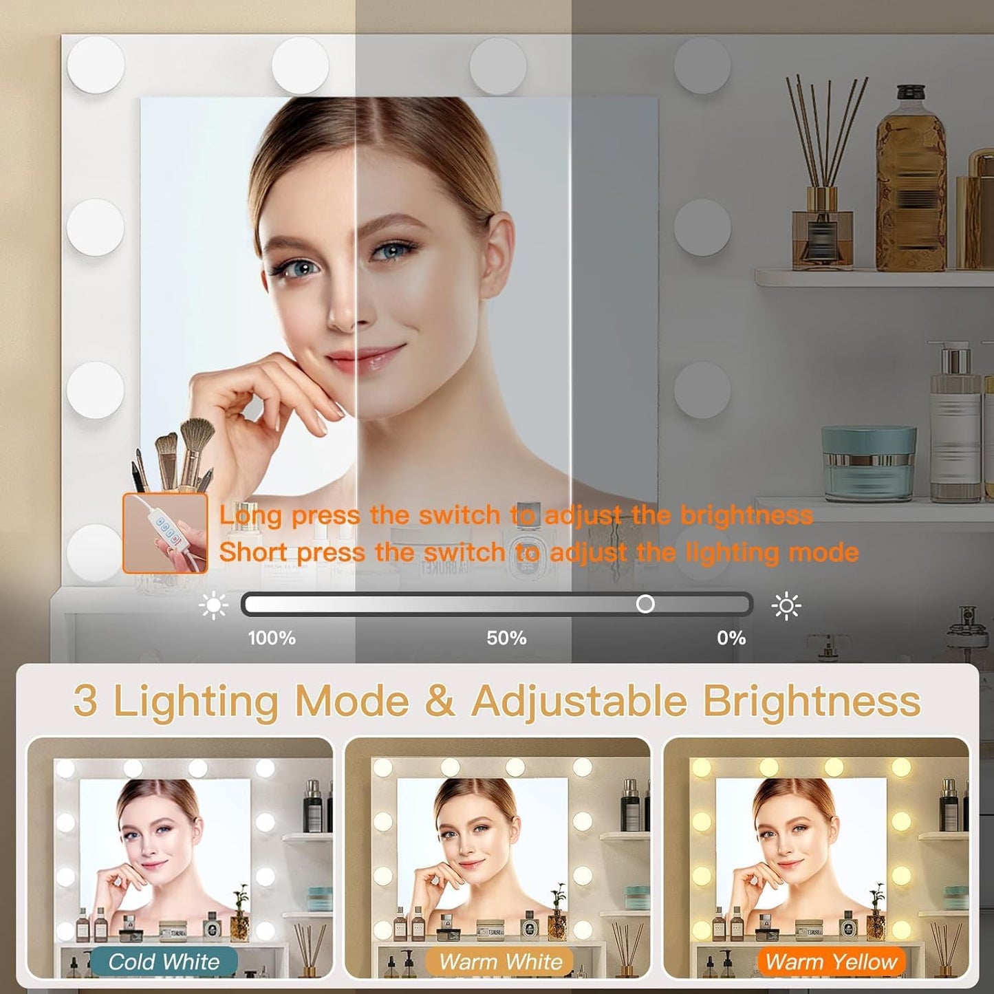 Quimoo Makeup Vanity Desk with Mirror & Lights, Vanity Desk with 5 Drawers & Storage Shelves, Vanity Table, 3 Color Modes & Adjustable Brightness Dressing Table, Bedroom, White