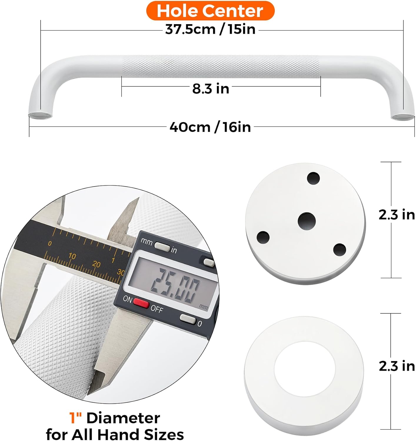 Grab Bars for Shower, 1 Pack 16-Inch Anti Slip Shower Handles for Elderly, Safety Shower Grab Bar, Stainless Steel Handicap Grab Bars for Bathroom (White 1" Diameter)