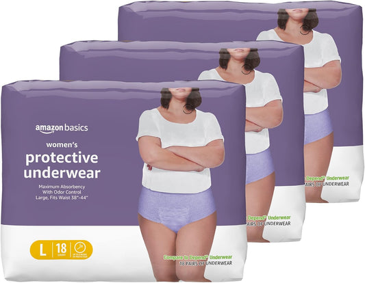 Amazon Basics Incontinence Underwear for Women, Protective, Disposable, Postpartum, Maximum Absorbency, Large, Lavender, 54 Count (3 Packs of 18)