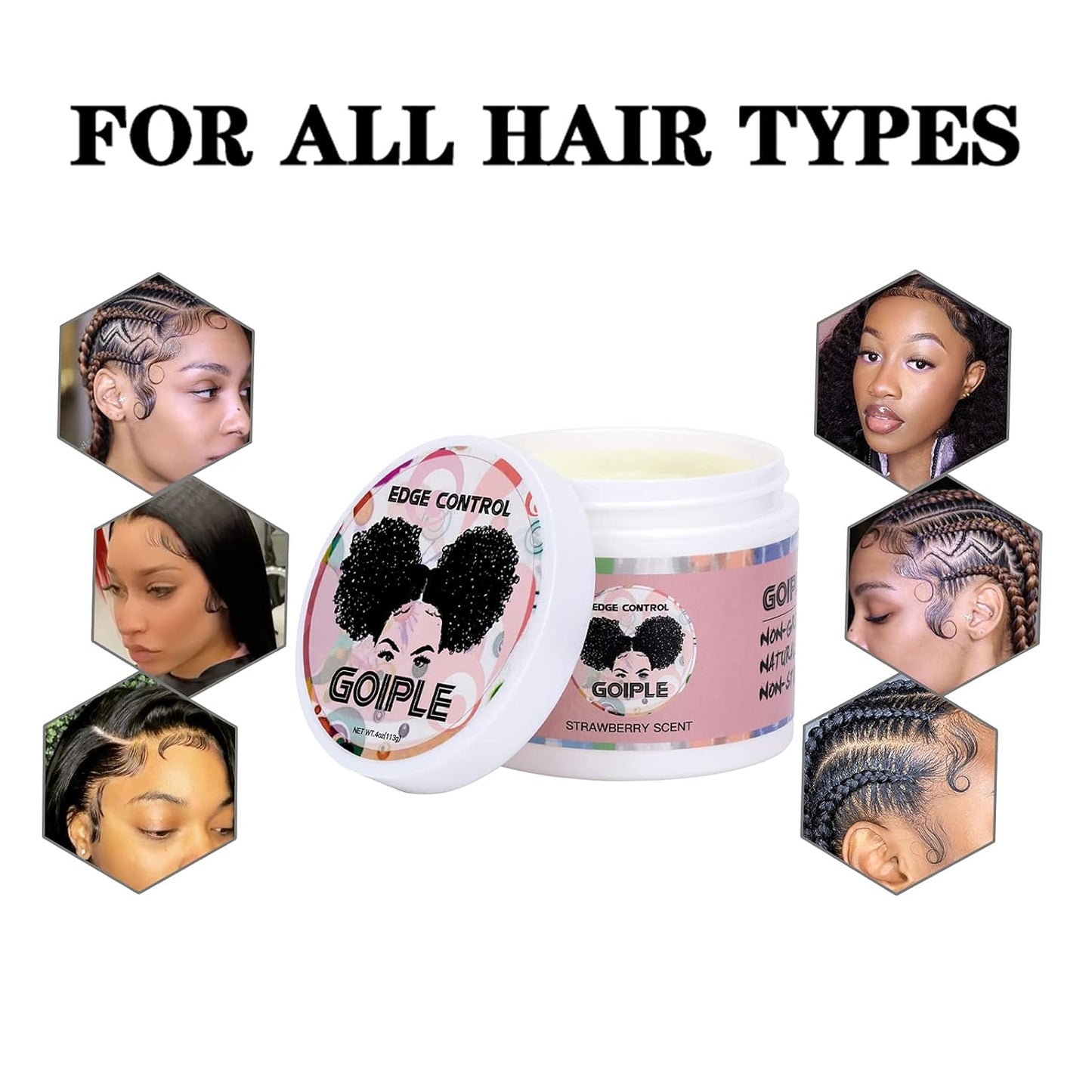 Goiple Edge Control Wax for Women Strong Hold Non-greasy Edge Smoother Strawberry Scent (4oz Edge Control + 0.7oz Travel Szie Edge Control Wax + Edge Brushes*2+Tie Band*2)